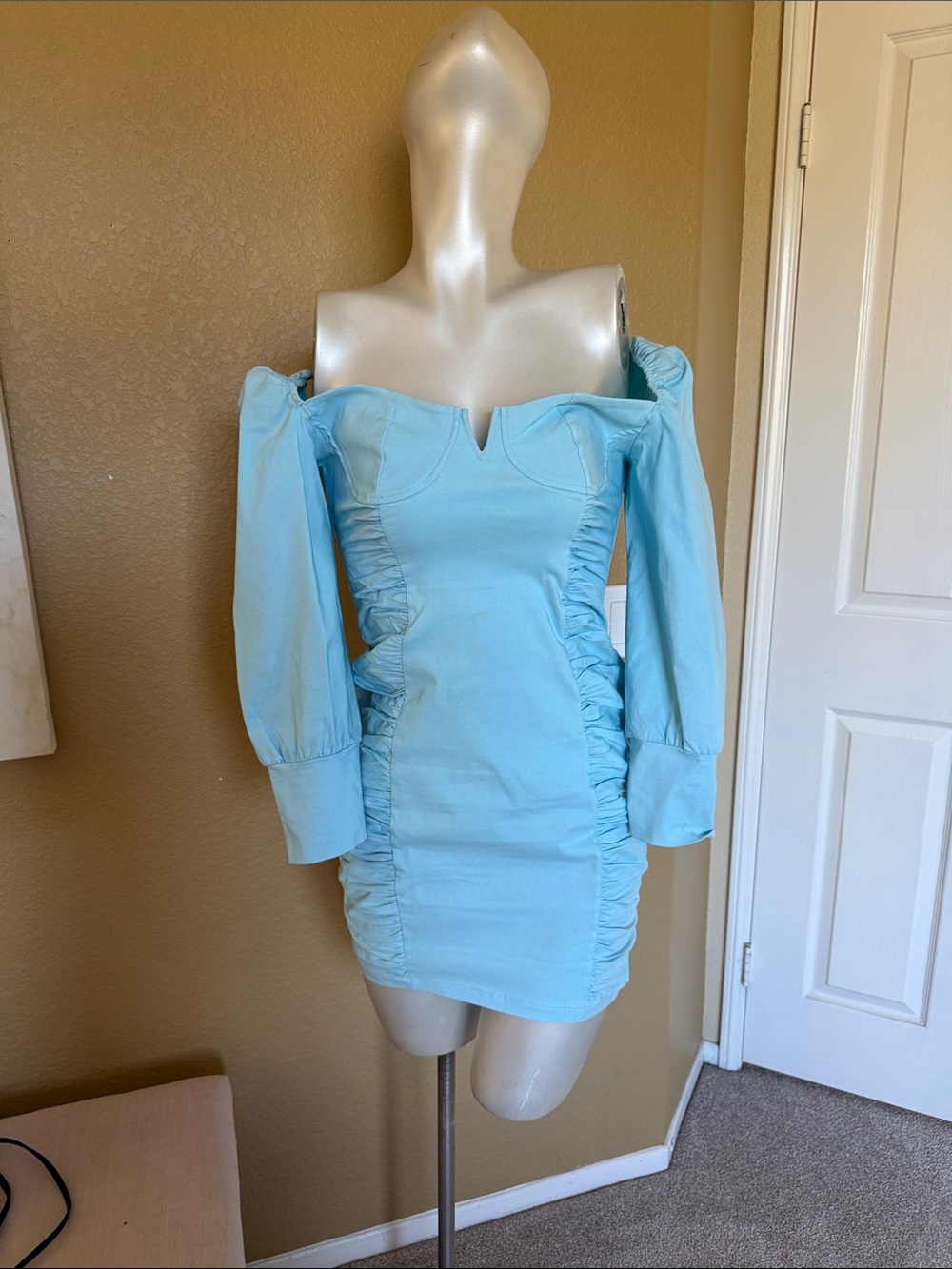Off-Shoulder Light Blue Ruched Mini Dress